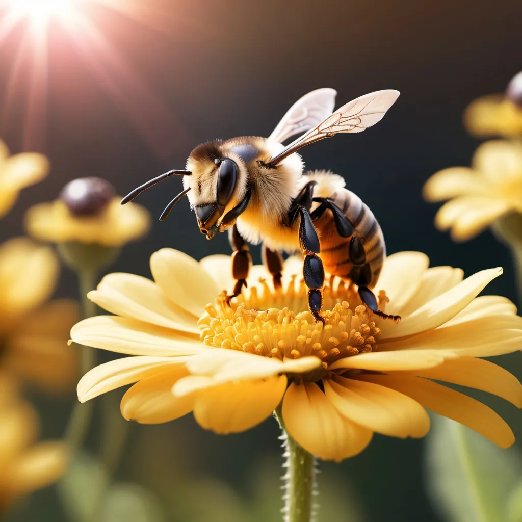 Prompt: A cute bee standing on a flower it's a sunny 