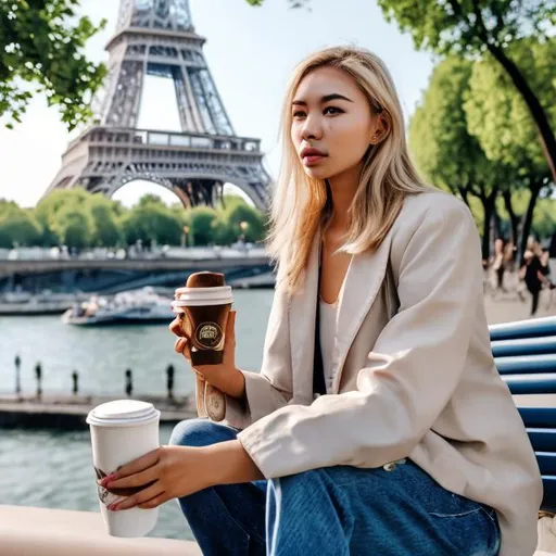Prompt: Blonde woman, causasian, blue eyes, drinking espresso coffee in a plastic cup, casually dressed, sitting on a bench by the river, nearby the Eiffel tower