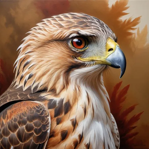 Prompt: Blonde-haired wildlife biologist, detailed red-tailed hawk, naturalistic oil painting, compassionate expression, detailed feathers, realistic wildlife art, high quality, traditional painting, warm tones, natural light