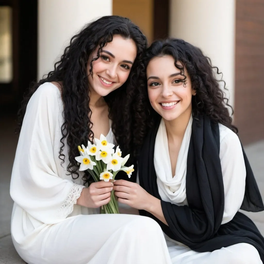 Prompt: A one beautiful 30-year-old girl with long black curly hair, big black eyes, wheat skin, and a beautiful smile, wearing a white dress , wearing a black scarf, and holding a bouquet of narcissus flowers.