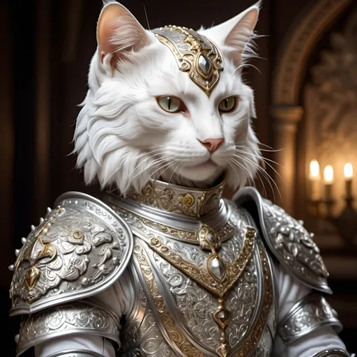 Prompt: White anthropomorphic cat in royal armor, detailed armor with intricate engravings, regal and majestic pose, silver colors, warm lighting, high quality, masterpiece, detailed eyes, professional, atmospheric lighting, portrait