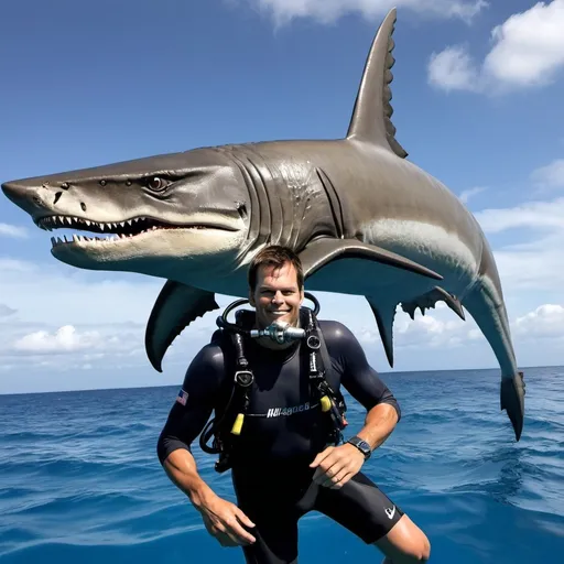 Prompt: tom brady scuba diving with a megaloadon in the sky



