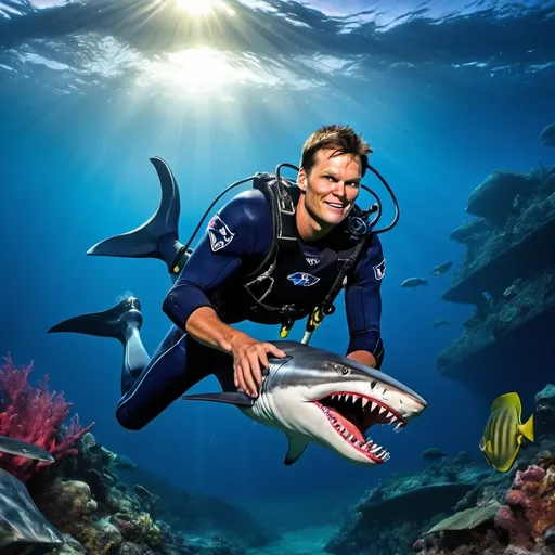 Prompt: tom brady scuba diving with a megaloadon in the sky



