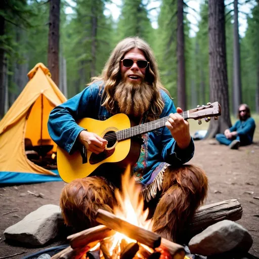 Prompt: A sasquatch hippie playing guitar around a campfire 