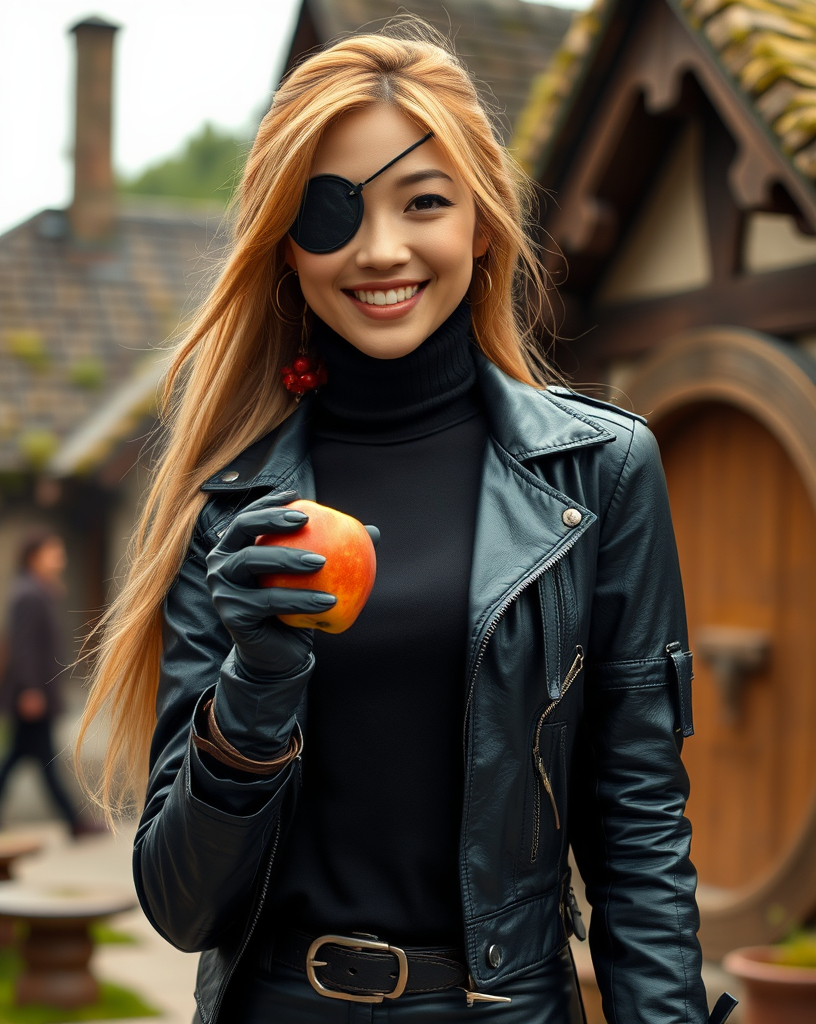 Prompt: Beautiful Asian woman happy of full body with golden hair, she wears an eye patch, she wears a tight black turtleneck sweater, a black leather jacket, she wears tight black leather pants, high-heeled boots and black gloves. She is in the town hobbiton from the lord of the rings, with a apple in her hand