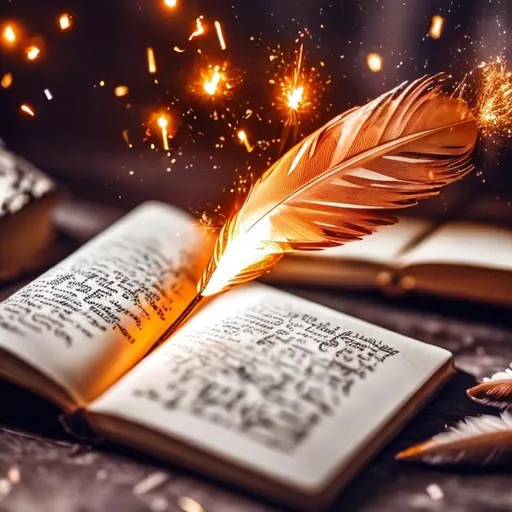 Prompt: A feather quill is writing in a book and magical sparks are flying out of it