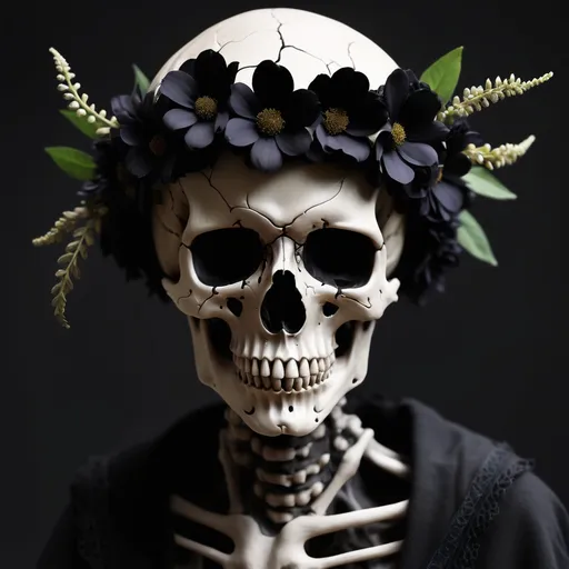 Prompt: skull wearing all black flower crown