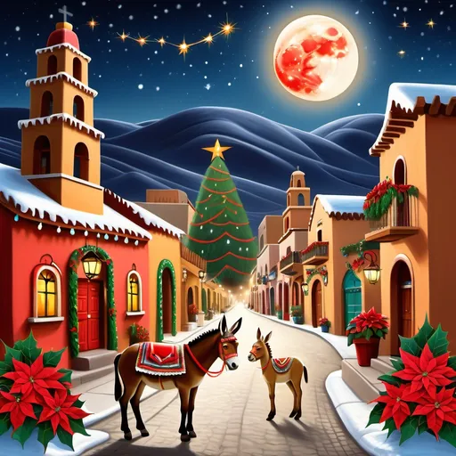 Prompt: Christmas Mexican village (vibrant colors), festive atmosphere, beautifully decorated Christmas tree, lush red Poinsettias, serene angels, a friendly donkey, starry sky accentuated by the glowing moon, bustling streets illuminated, (Guadalupe with corona) providing a spiritual touch, warm and inviting ambiance, high detail, ultra-detailed scene, capturing the essence of a joyful holiday celebration.