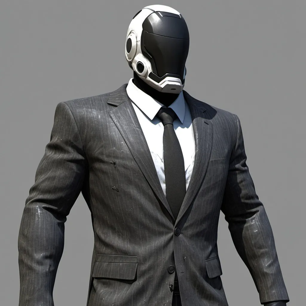 Prompt: Layer (Damaged Suit Texture):

Material: The suit should be made of a worn-out, dark fabric, resembling an old, torn suit.

Textures: Add dirt stains, rips, and patches of frayed fabric. Use normal maps to create bumps and irregularities to simulate fabric wear and damage over time.

Ambient Occlusion: Deepen shadows around the ripped areas to enhance the worn-out effect.