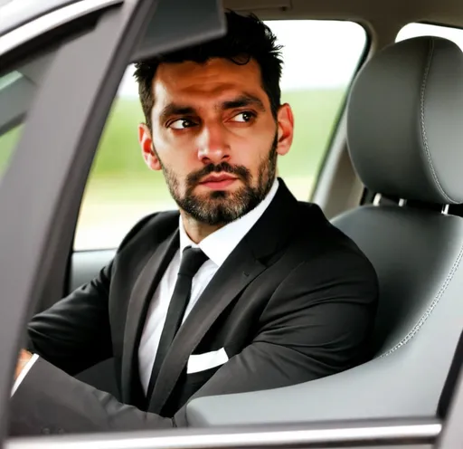 Prompt: a nice fitness man with suit in a car while driving with low stubble in a profile angle