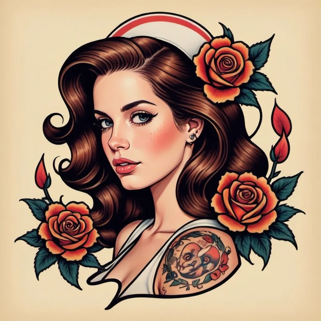 Prompt: show me tattoo ideas of lana del rey in the sailor jerry tattoo art style
