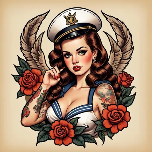 Prompt: show me tattoo ideas of Lana del Rey in the sailor jerry tattoo art style. Make the art style older fashioned like it just came out during World War two.
Make it a pin up girl one