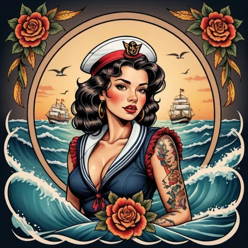 Prompt: show me a picture of Spanish man and Spanish women in a sailor jerry tattoo style