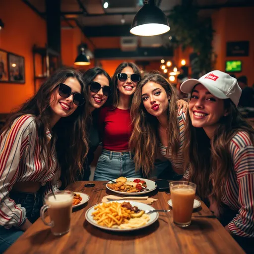 Prompt: In a cozy café setting illuminated by warm tones, five young friends pose for a selfie, exuding a relaxed and cheerful vibe. Dressed stylishly, they sport sunglasses and casual attire; the girl in a red top and high-waisted jeans stands out with her long, flowing hair, while another girl wearing a white cap and a striped shirt leans in close, playfully pouting. Surrounding them are plates of food and drinks, hinting at a recent meal shared together, while the background features a mix of modern decor and bright orange walls. The mood is lighthearted and friendly, capturing a moment of camaraderie among the group.