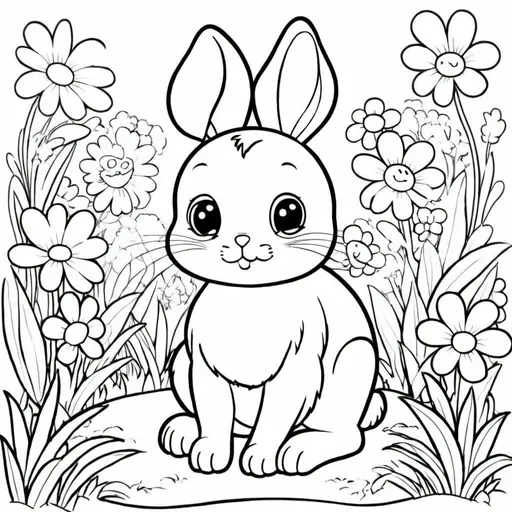 Prompt: Buatkan gambar rabbit duduk kecil yang berbeda jenis dan lucu yang sedang bermain di taman bunga dan rumput. Tanpa warna. 