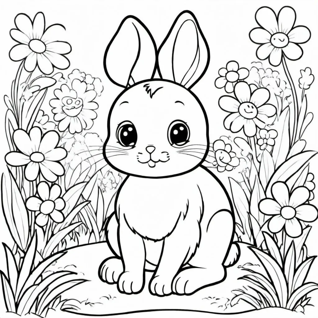 Prompt: Buatkan gambar rabbit duduk kecil yang berbeda jenis dan lucu yang sedang bermain di taman bunga dan rumput. Tanpa warna. 
