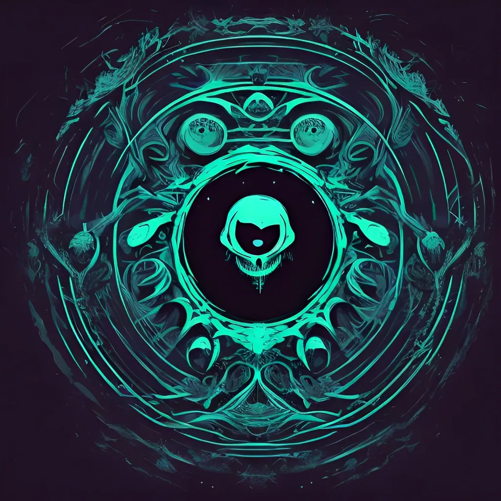 Prompt: Vector t-shirt design of a in a circle like structure in the center with Skull with eye Balls exploding. Negative spacing around the art, background design dark, hue as a supporting color.