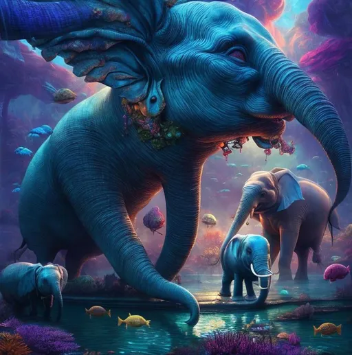 Prompt: Big fish and elephant, surreal digital artwork, vibrant and dreamy, fantasy landscape, underwater scene, whimsical atmosphere, surreal colors, detailed textures, high quality, digital art, surreal, vibrant colors, dreamy, fantasy, underwater, detailed textures, whimsical, surrealistic, vibrant, surrealistic lighting