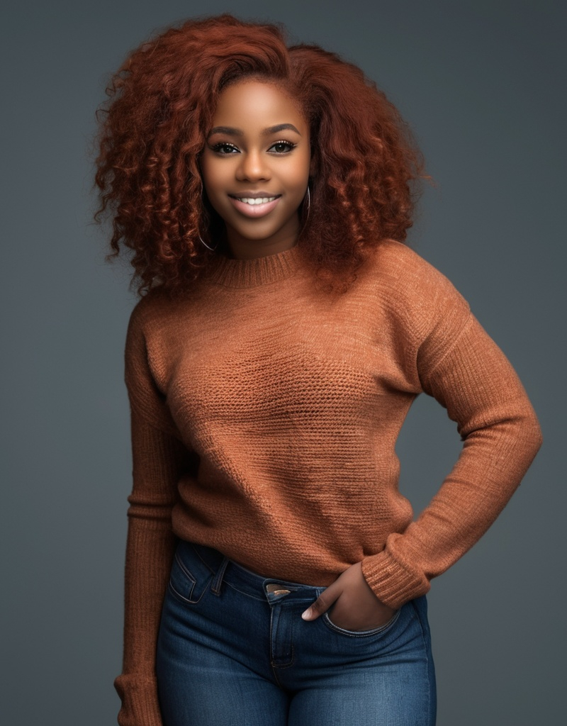 Prompt: 8k, a Beautiful black woman, 20 years old, wearing jeans and a tight sweater, with auburn hair.