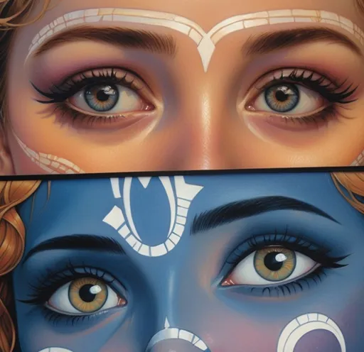 Prompt: a close up of two different images of a woman's face with eyes painted on them and a woman's face painted on the side, Drew Struzan, cloisonnism, detailed eyes, a detailed painting -anime