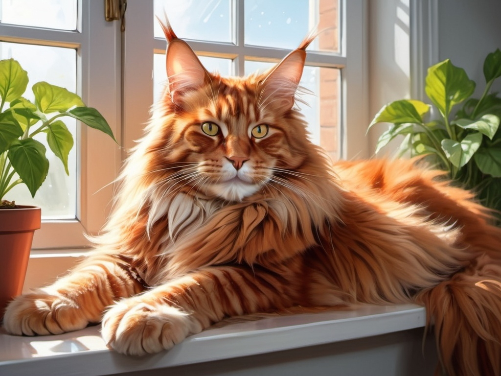 Prompt: Realistic, painting in visual novel style huge red, Maine coon cat Lying on the windowsill with hose plants . Sun shining through his fur