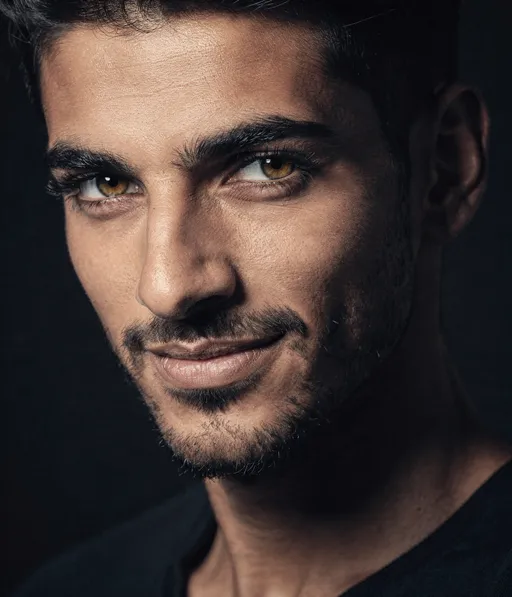 Prompt: 
modern potrait,
dramatic portrait of enigmatic handsome arabic man   with radiant eyes, looking into camera, dramatic light, dark background, handsome smirk

