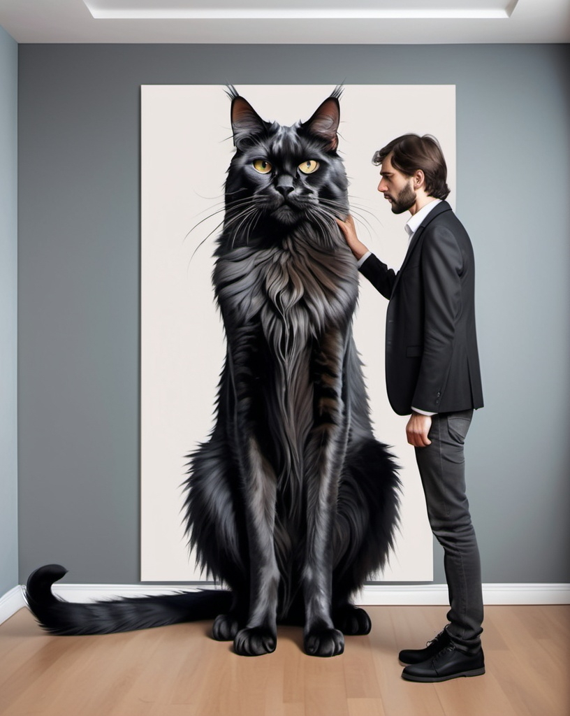 Prompt: (photorealistic painting full body ), a skinny neardy man with long neck holding with fear huge black angry maincoon cat, funny moment