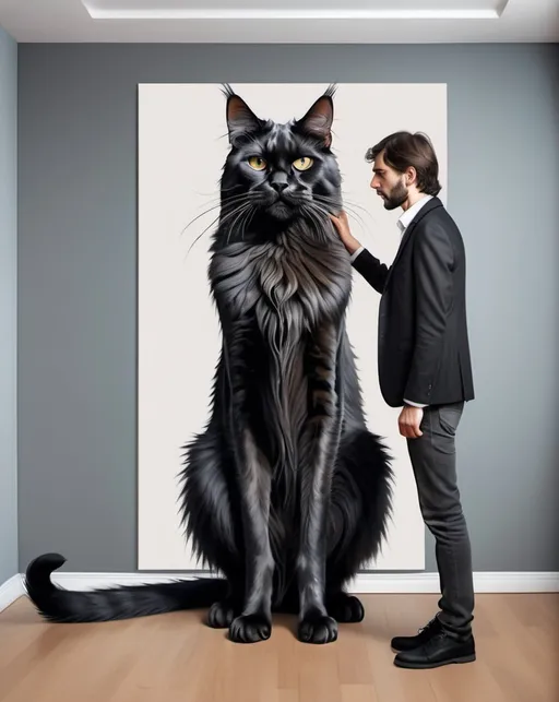 Prompt: (photorealistic painting full body ), a skinny neardy man with long neck holding with fear huge black angry maincoon cat, funny moment