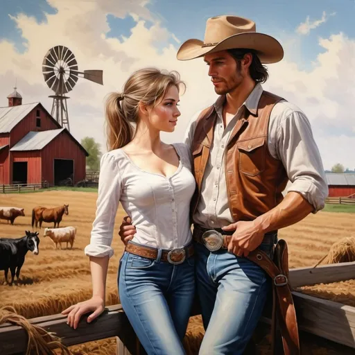 Prompt: Realistic high detsiled painting of Romantik couple . Cowboy and a city girl on farm
