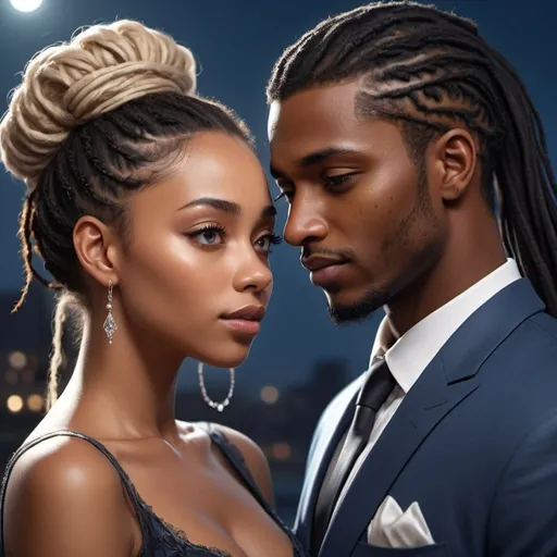 Prompt: (semirealistic visual novel style with high detail and dreamy atmosphere), showing black couple.

(handsome black man with black dreadlocks in a messy ponytail), lovingly gazing at a ( beautifull black woman with blond dreadlocks in elegant bun). 
Man wears black suit, woman wears elegant sophisticated dress showing luxury and stile and she wears matching jewelry.
The couple is in the Centre of attention and stands out from the picture.

emotional connection, intricate details of clothes, soft glowing eyes, delicate features of the woman, hint of moonlight illuminating the scene, deep contrast in colors, rich shadows, romantic atmosphere, atmospheric background with night scene in blue color with hint of white and silver, loving and expressive, high quality, ultra-detailed art. dreamy soft light iluminating the couple.
