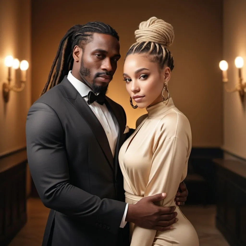 Prompt: Elegant black couple portrait, (tall black man with dreadlocks in a ponytail, elegant black suit), (beautiful curvy woman with blonde dreadlocks in a bun, sophisticated golden beige dress, golden jewelry expressing style and luxury), graceful poses, luxurious fabric textures, warm ambient lighting, high-quality creative composition, 4K, ultra-detailed, romantic atmosphere, stylish backdrop, emphasizing elegance and charm.

Wohle scene in black bolden beige colors.