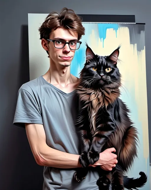 Prompt: (photorealistic painting full body ), a skinny cute nerdy man with long neck holding huge black angry maincoon cat, funny moment