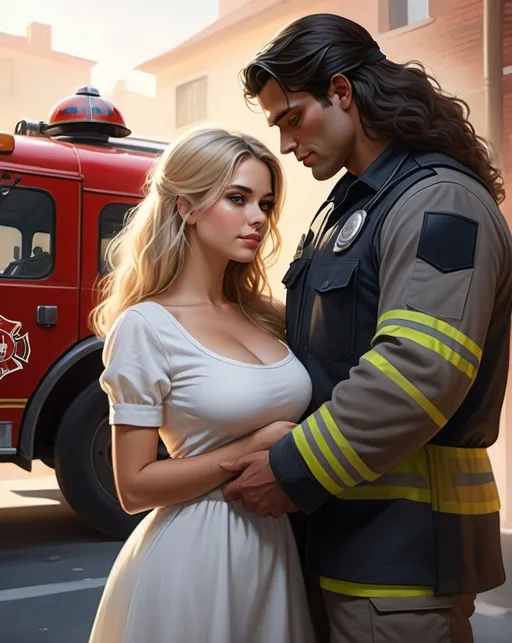 Prompt: (photorealistic painting full body ), a handsome well build tall muscular dark hair young man in yelow fire fighter uniform and helmet holding a black maincoon and a short overwaight beautifull curvy cute woman dressed in a sweet cute white summer dress, he is looking at the woman with love, she is the center of attention with (long blonde hair), warm ambient lighting illuminating her face from profile, soft shadows accentuating her features, inviting atmosphere, (highly detailed), sense of joy and tranquility, ultra-realistic setting, (8K resolution). In front of red firefighter car 