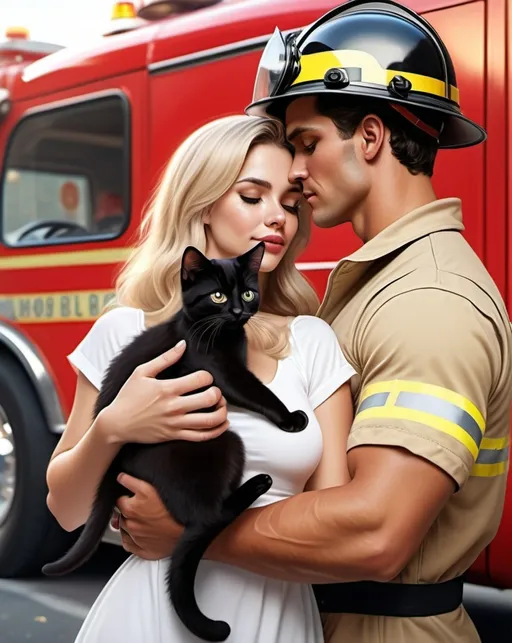 Prompt: (photorealistic painting full body ), a handsome well build tall muscular dark hair young man in yelow fire fighter uniform and helmet holding a black kitten and a short overwaight beautifull curvy cute woman dressed in a sweet cute white summer dress, he is looking at the woman with love, she is the center of attention with (long blonde hair), warm ambient lighting illuminating her face from profile, soft shadows accentuating her features, inviting atmosphere, (highly detailed), sense of joy and tranquility, ultra-realistic setting, (8K resolution). In front of red firefighter car 