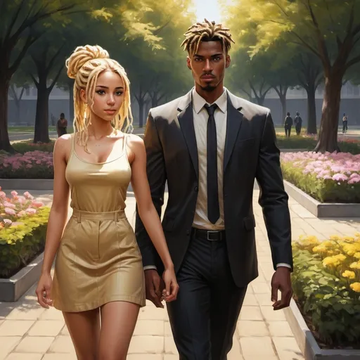 Prompt: realistic visual novel painting with high detail and aim for realistic look of full body. The couple is in the centre of attention.
Main theme man is walking begind a woman guarding her.
Black beautifull young woman in golden beige short dress and golden jevelary (overall rich sophisticated elegant impression) and blond dreadlocks in a bun.
Man black handsome tall and well build with strong atractive face, wearing black suit and guarding a woman.
Strong lights and shadows. Vibrant atmosphere.

Background park in day light  with soft flower beds and trees.