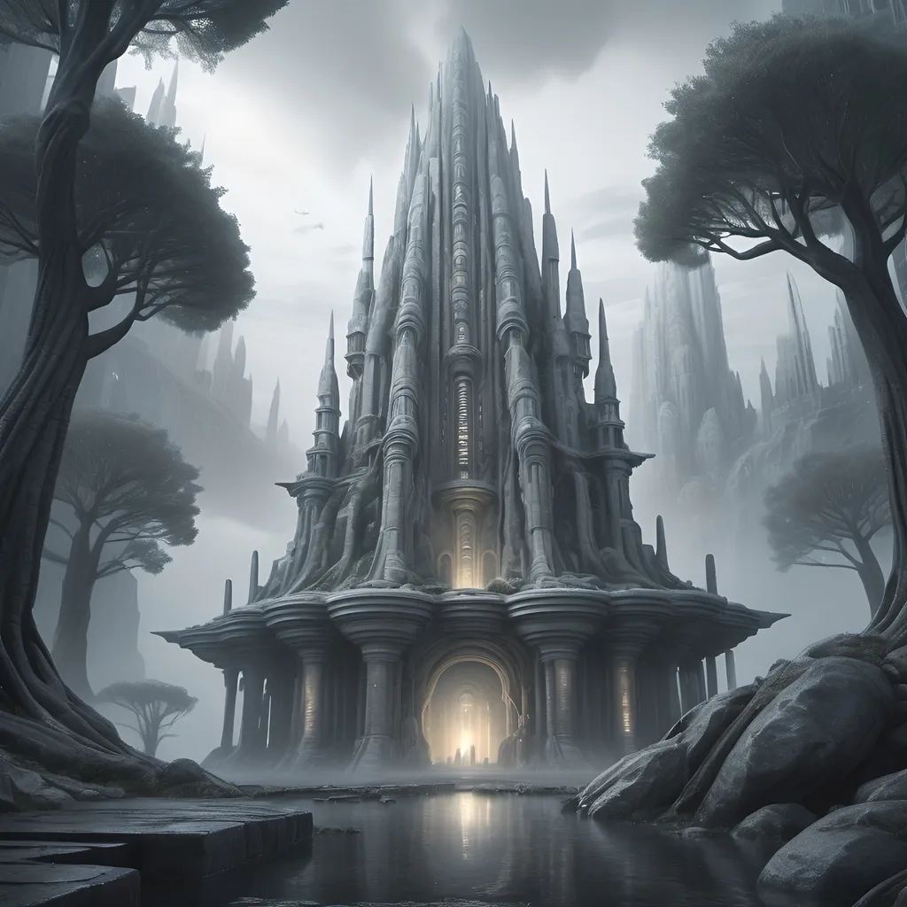 Prompt: realistic art background, fantasy setting, stone alien like city in cold area, gray stone, pines