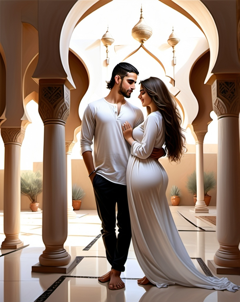 Prompt: (photorealistic painting full body ), a well build young good looking  beautifull arabic man short long hair holding cute white curvy woman, cute  moment