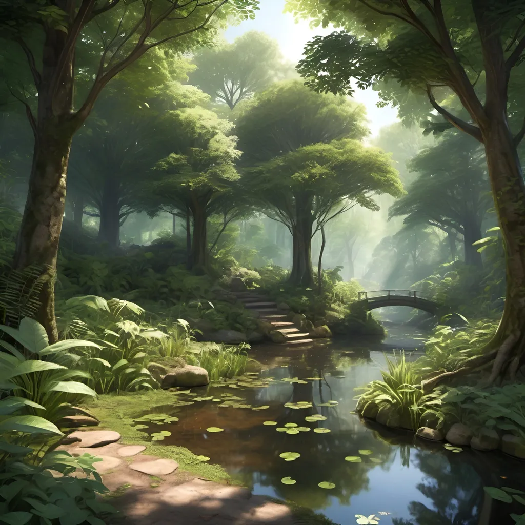 Prompt: (Visual novel, style background, hyper realistic)

Forest misteriouse, with small pond