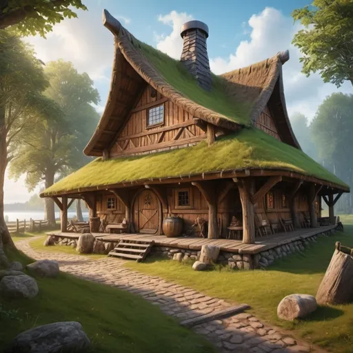 Prompt: (photo-realistic painting),  authentic big hall viking house

 vibrant details, visually immersive scene, rich textures, soft lighting, intricate wooden structures, verdant surroundings, clear sky above, atmospheric ambiance, historical authenticity, ultra-detailed, cinematic depth, 