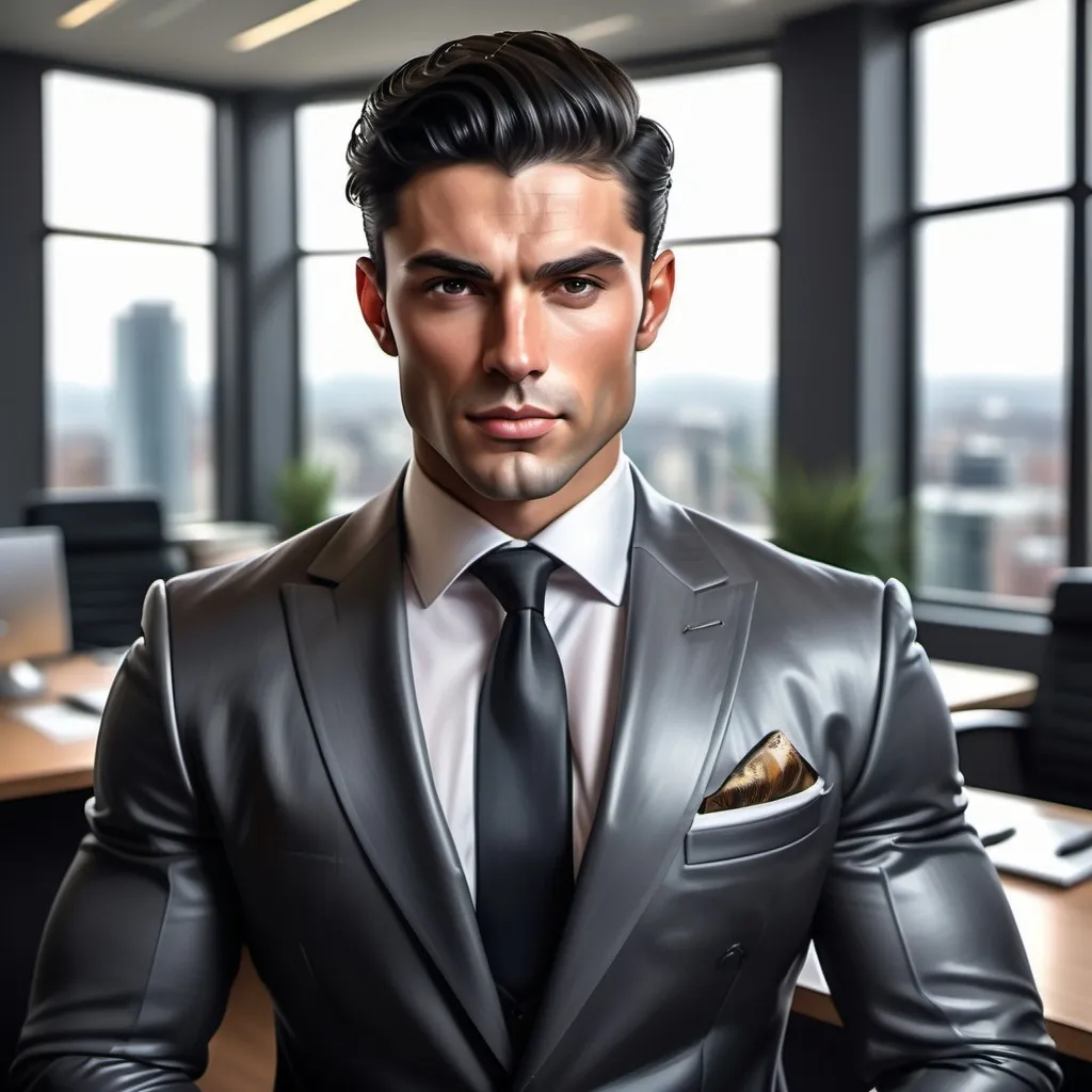 Prompt: (photorealistic painting portrait ),  alluring setting gorgeous beautiful black haired handsom and very muscular  young bussinesman in luxury office wearing detailed  suit detailed dominant facial expression, light on his face, smirking