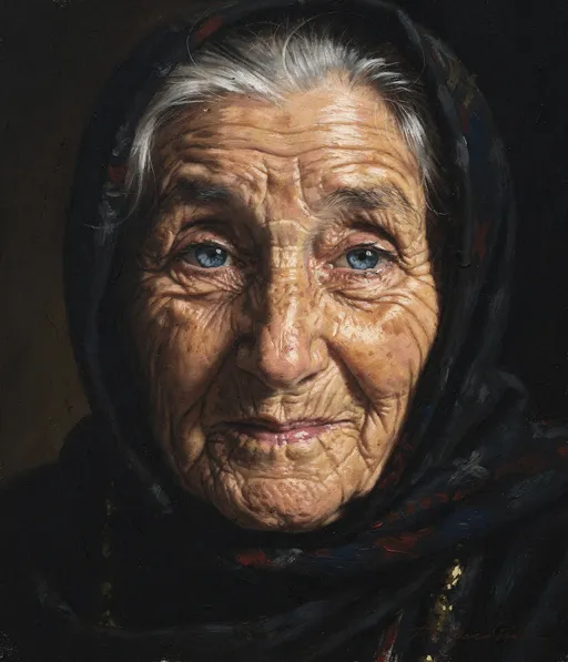 Prompt:
modern acrylic potrait,
dramatic portrait of enigmatic beautiful extreely old jewish woman with radiant eyes, looking into camera, dramatic light, dark background, misteriouse, light blue eyes, tilteld head, kind look, dark scarf