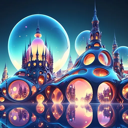 Prompt: (Fantasy city background), (glossy round shapes), resembling bubbles, ethereal environment, vibrant colors with shiny reflections, whimsical architecture, complex buildings with intricate details, soft glowing lights, magical and dreamlike atmosphere, cool tones blending harmoniously, immersive depth, surreal and otherworldly ambiance, (4K resolution), high-quality detail for stunning visuals.