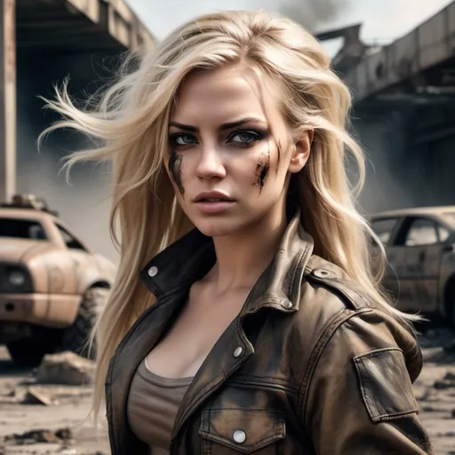 Prompt: ( realistic visual novel style)

Portrait of Stunning  curvy blond woman in post apocalyptic world. Thin Leather worn out outfit. , (long blond hairs side shaved) , explosion in background. Woman in centre of attention, beautifull face, detailed facial expression