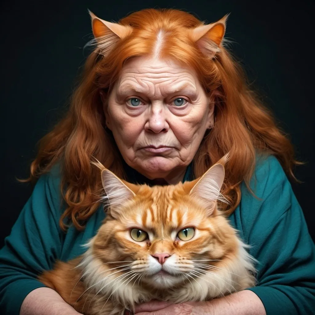 Prompt: scary fat old lady 
 with a huge ginger maincoon (fantasy style) 