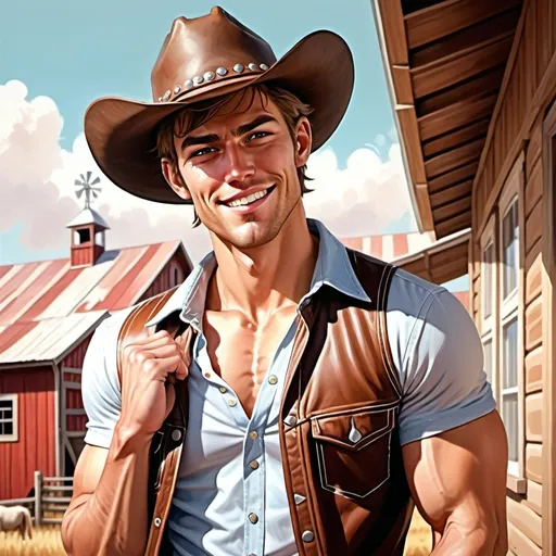 Prompt: Hyperrealistic painting in visual novel style.

Attractive handsome tall muscular young smiling cowboy and an annoyed city posh girl. Soft colors high detail to facial expression, natural light background farm