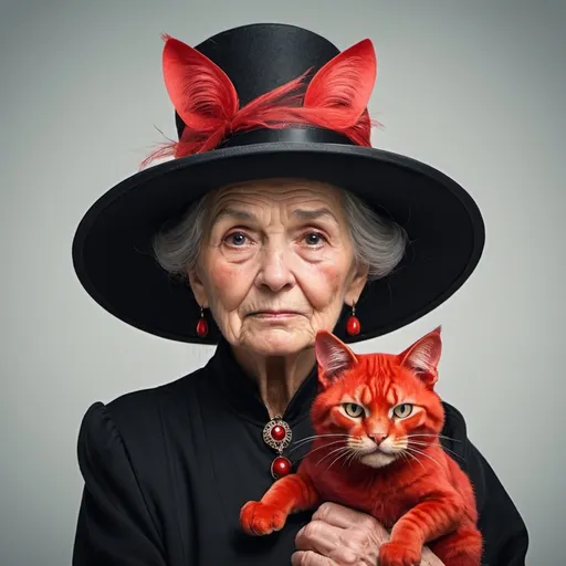 Prompt: misteriouse old lady wearing black hat with a huge red cat (fantasy style) 