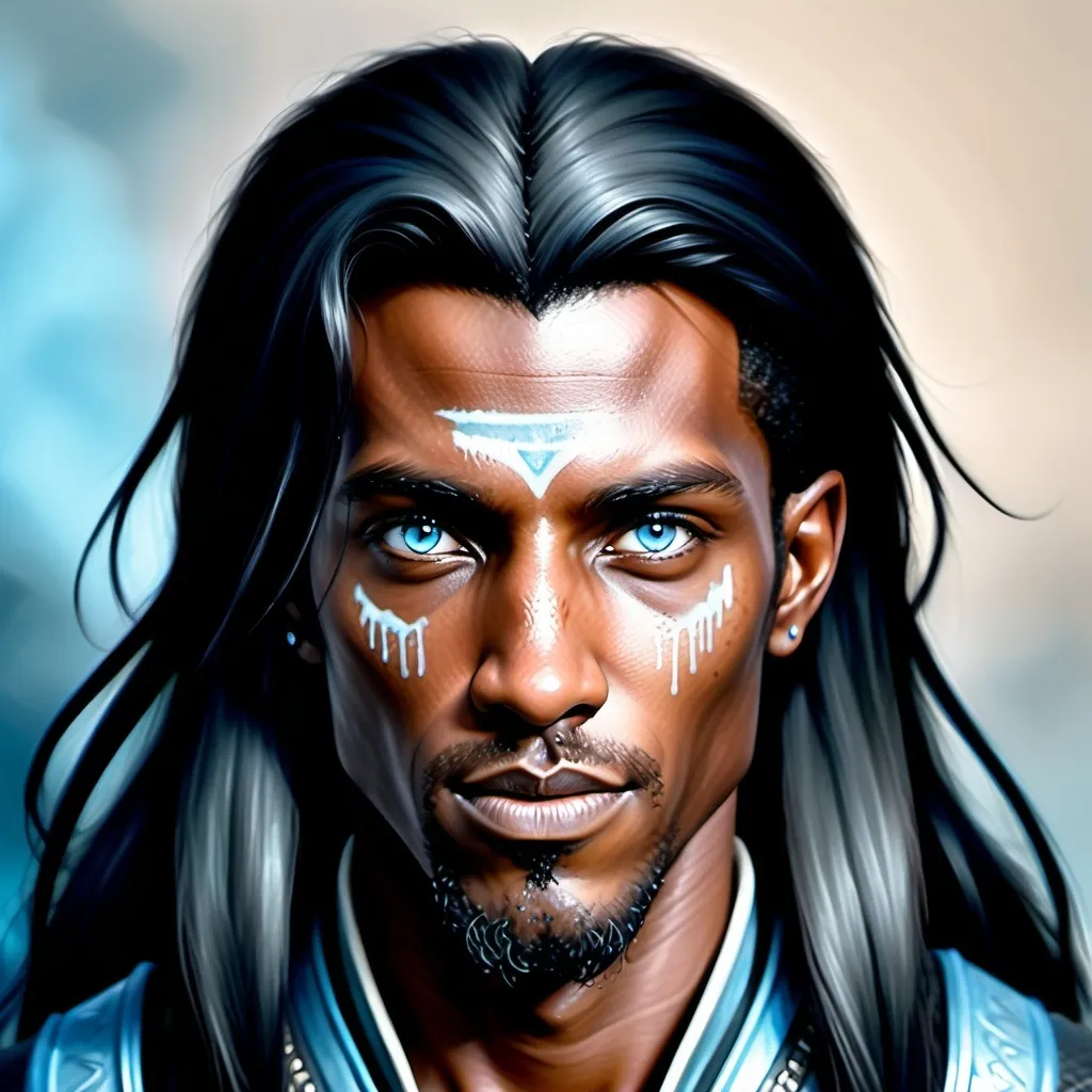 Prompt: hyper-realistic, fantasy character art, illustration, dnd, warm tone

New human race with darker gray skin and long straight black hair and very light watery blue eyes