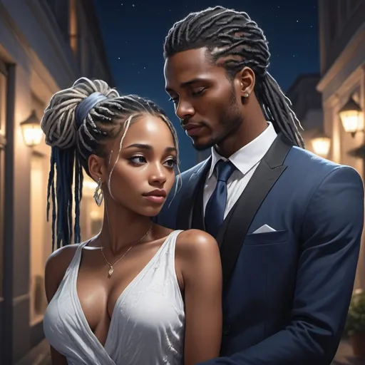 Prompt: (semirealistic visual novel style), showing black couple.

(handsome black man with black dreadlocks in a messy ponytail), lovingly gazing at a ( beautifull black woman with blond dreadlocks in elegant bun). 
Man wears black suit, woman wears elegant sophisticated dress showing luxury and stile and she wears matching jewelry.
The couple is in the Centre of attention and stands out from the picture.

emotional connection, intricate details of clothes, soft glowing eyes, delicate features of the woman, hint of moonlight illuminating the scene, deep contrast in colors, rich shadows, romantic atmosphere, atmospheric background with night scene in blue color with hint of white and silver, loving and expressive, high quality, ultra-detailed art. dreamy.
