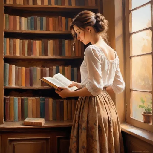 Prompt: (woman reading a book), standing in front of a bookcase, (Impressionist style), visible brush strokes, (soft lighting) creating gentle shadow effects, romantic atmosphere, warm and inviting shades of darker brown, subtle hints of other warm colors, (semi detailed artwork), capturing the quiet joy of reading in a cozy environment, poetic and serene ambiance. we se her more from back - she is facing the bookcase. The bookcase fills whole background. She is dressed in long skirt  - reminding bit of 18 century, oil on canavas