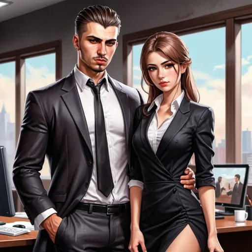 Prompt: Hyperrealistic painting in visual novel style.

Attractive handsome ruthless young Mafia boss and his cute shy  female assistant.

Woman is wearing cute office dress.

Contrast of a dominant man and shy cute woman. Man is possessive of the woman.